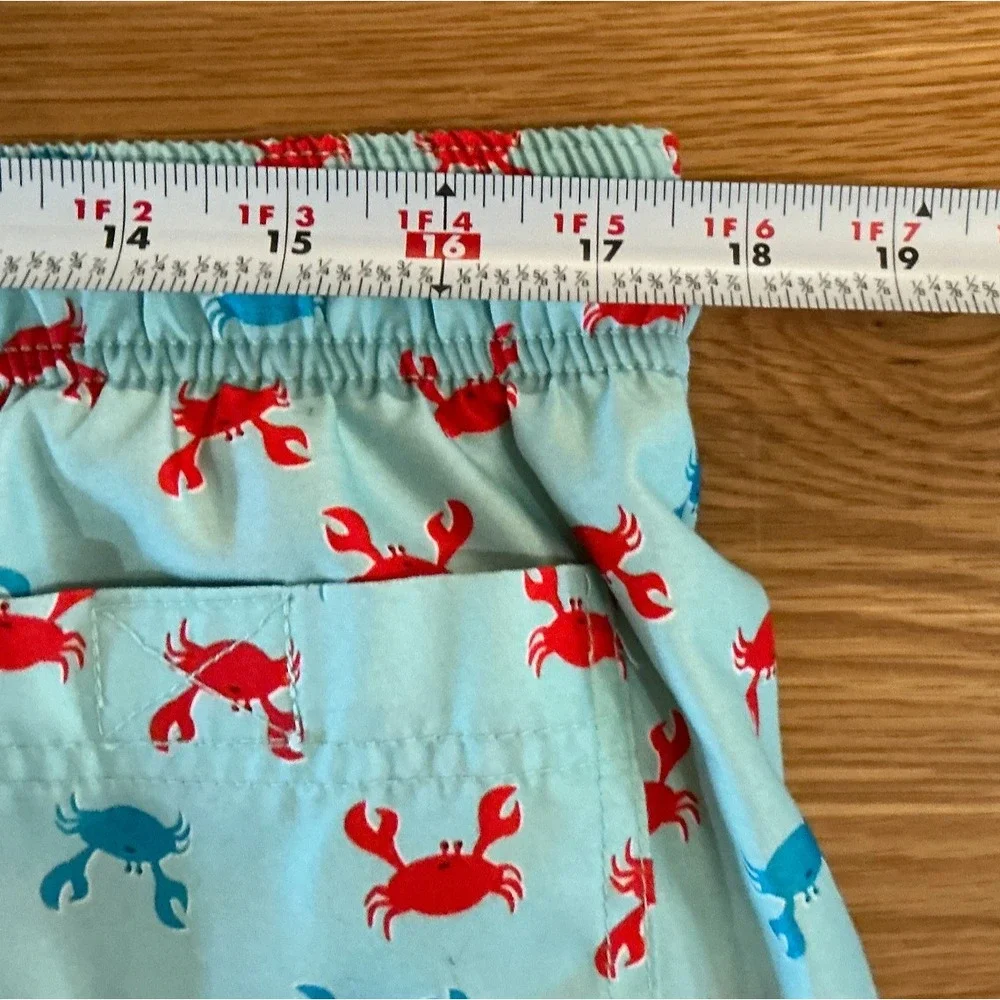Lands' End‎ Swim Trunks Men Crab Print Aqua Blue Red Lined Drawstring 7.5